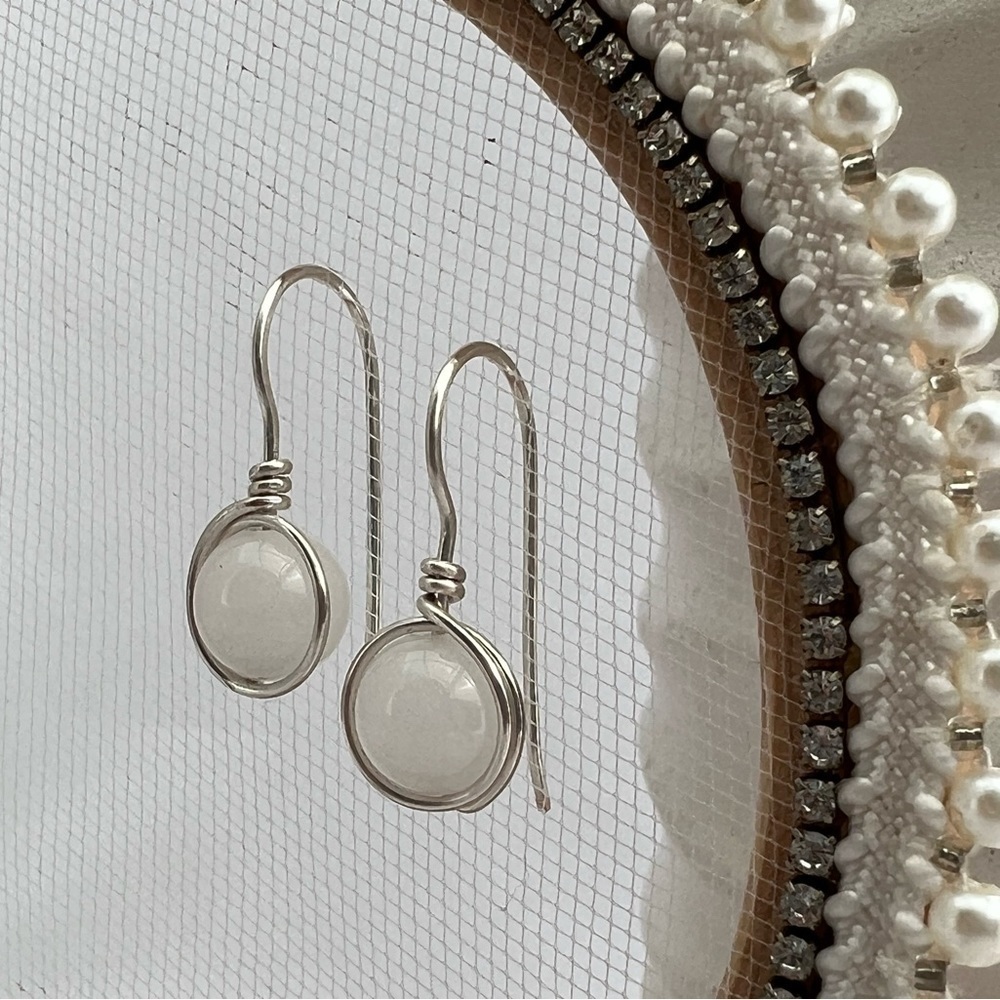 Artisan White Jade and Silver Wire Wrapped Earrings - Picture 3 of 11